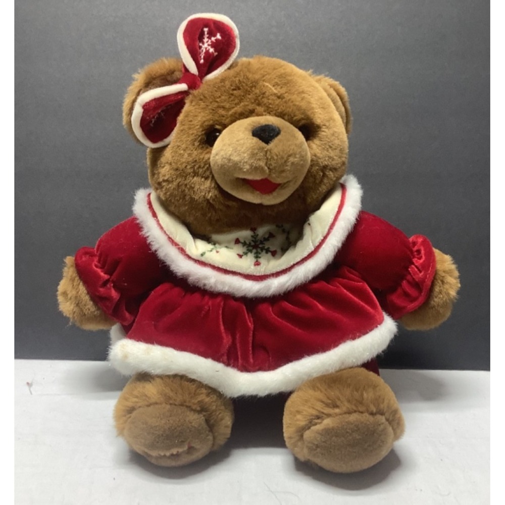 2004 Dan Dee Girl 12" Brown Snowflake Teddy Plush Red Velvet Christmas Dress Bow